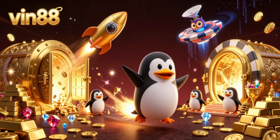 vin88 showcases a vibrant 3D scene featuring a golden penguin and casino-themed elements, perfect for gamer's excitement.