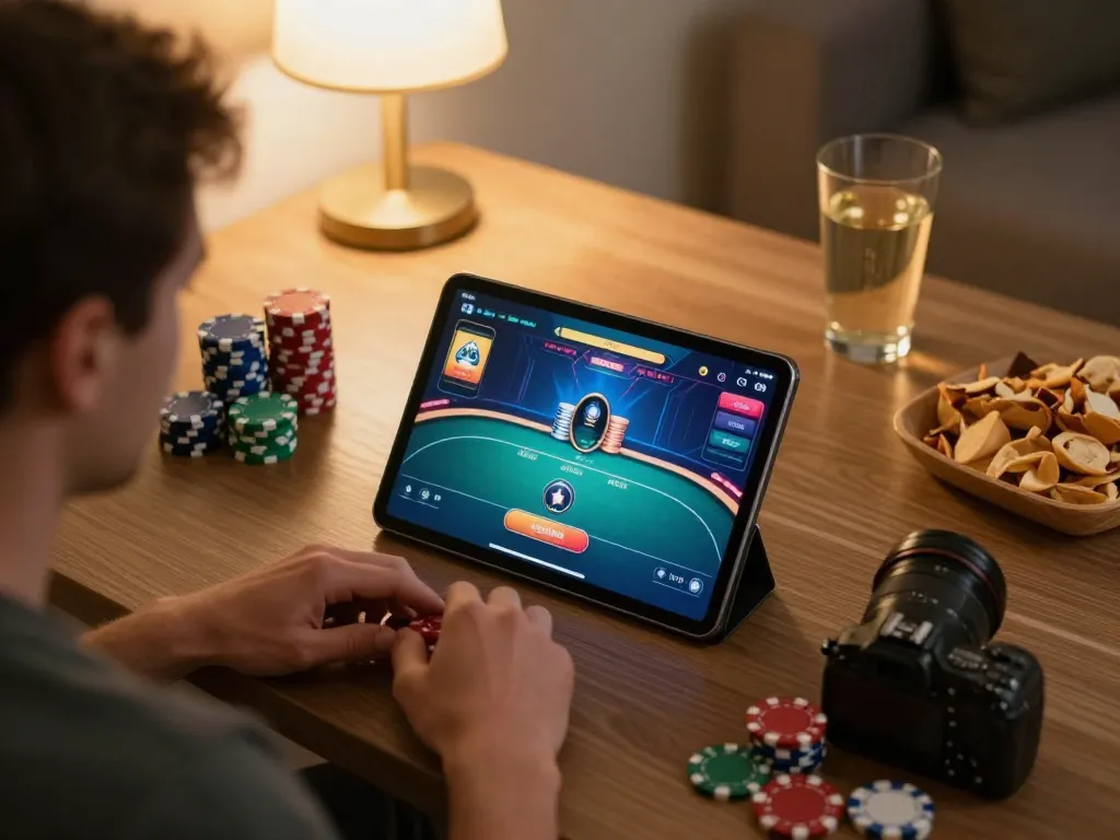 Player engaging with jun88pl's online poker, snacks and tablet highlighting a strategic gaming environment.