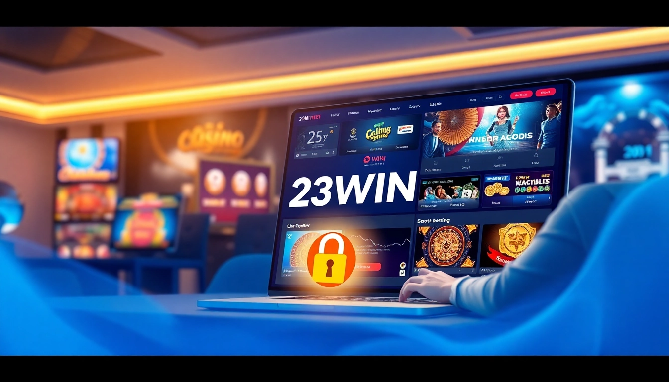 Engaging image of Nhà cái 23WIN showcasing a luxurious online casino with diverse gaming options and secure interface.