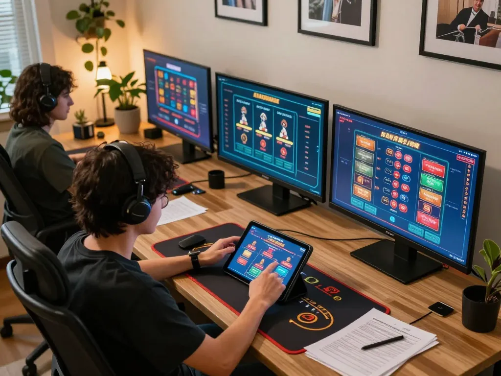 A player explores casino games on their tablet at a stylish home office setup, showcasing 33winwood gaming strategies.