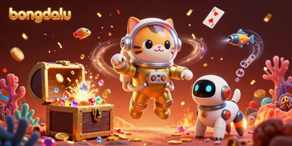 Bongdalu showcases a thrilling scene with an astronaut cat and robot dog amid exploding treasure, symbolizing exhilarating gaming wins.