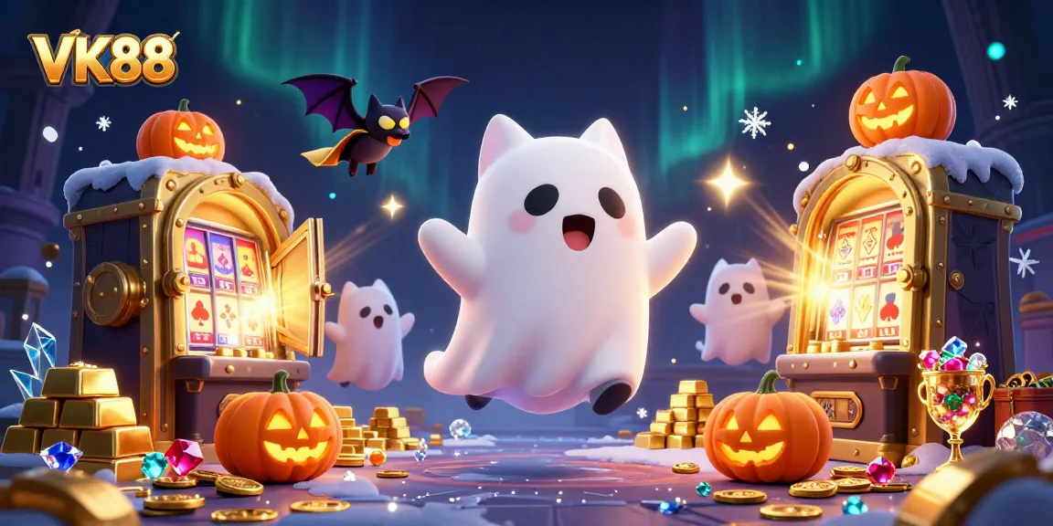 Engage with the VK88 casino scene featuring a ghost cat, vampire bat, and glowing poker jack-o-lanterns.