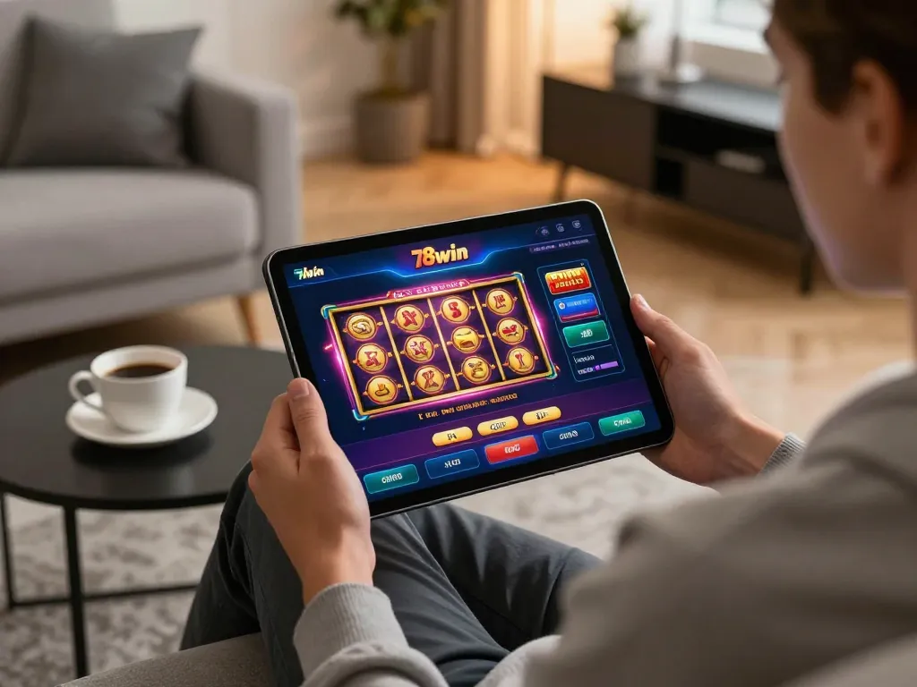 Engaging gambler using the 78win app on a tablet for an immersive online casino experience.