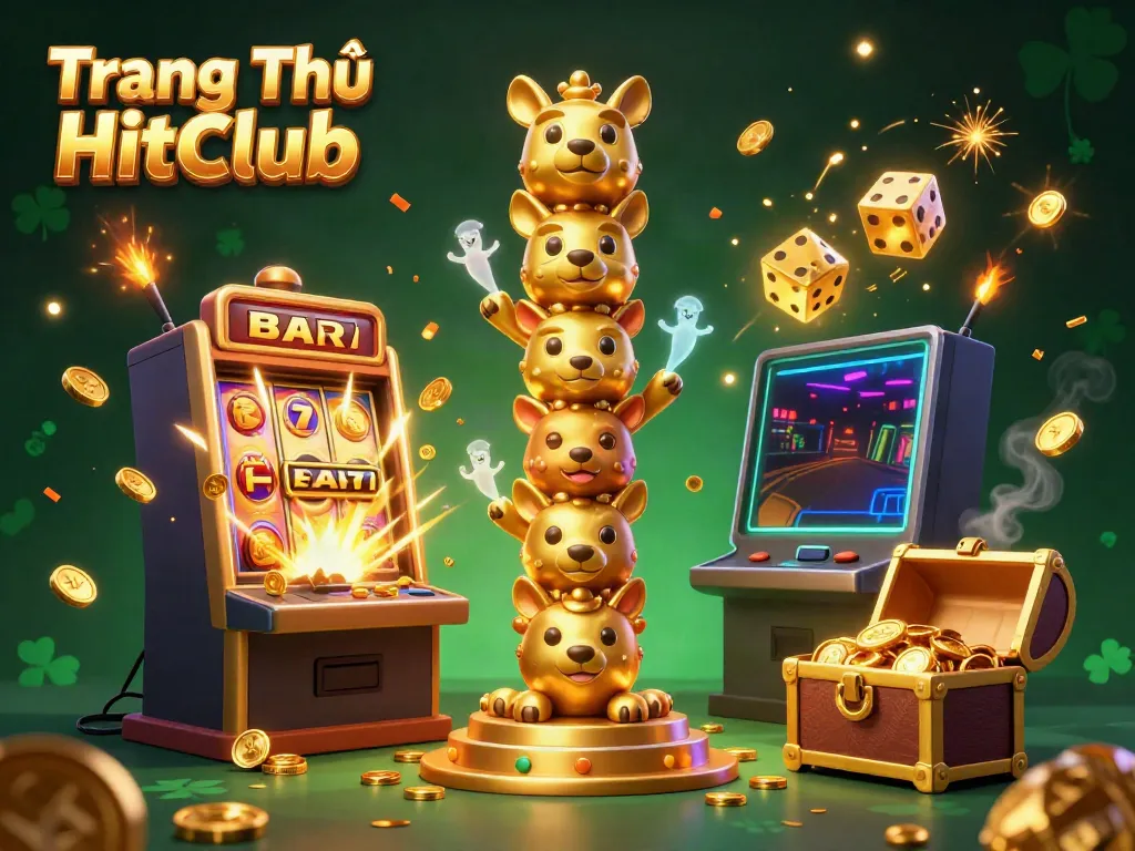 Experience the excitement of Trang Chủ HitClub with a vibrant 3D scene of casino treasures bursting with energy and color.