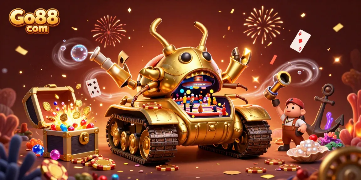 Experience fun and wins with Go88 com's colorful 3D casino tank illustration, showcasing exciting gaming elements.