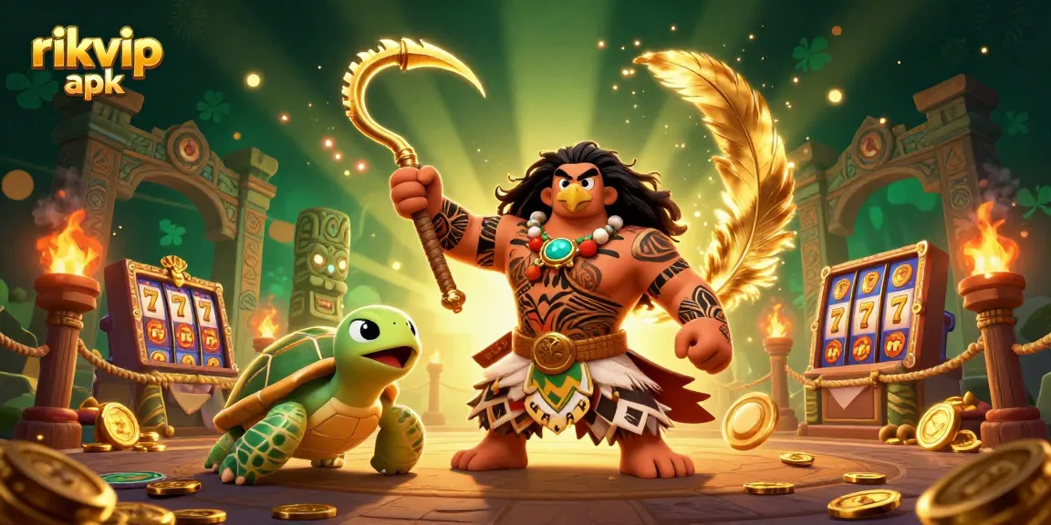 Engage with the rikvip apk in a vibrant casino-themed 3D illustration featuring lively characters.