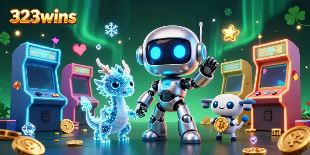 Engage in thrilling gaming at 323wins with vibrant casino characters and neon scenes