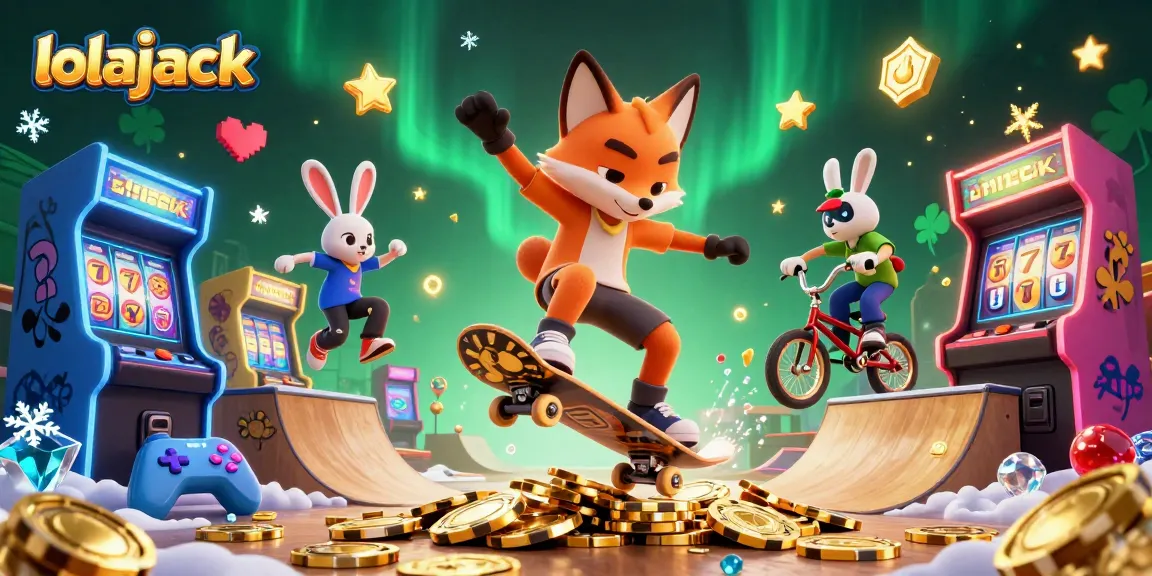 Join the excitement at lolajack casino with an action-packed illustration of a skateboarding fox and BMX rabbit in a vibrant gaming scene.