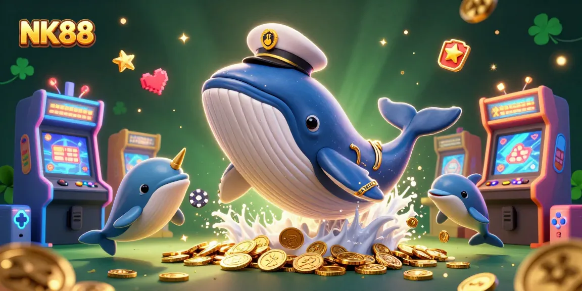 Experience exciting gaming at NK88 with a vibrant cartoon scene featuring whales, dolphins, and casino games.