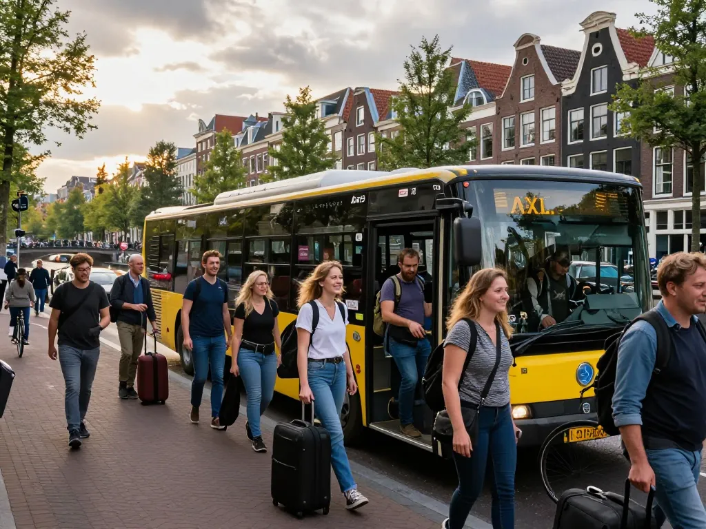 Groep reizigers die een taxi bus in Amsterdam instapt, vrolijke sfeer met stadsachtergrond.