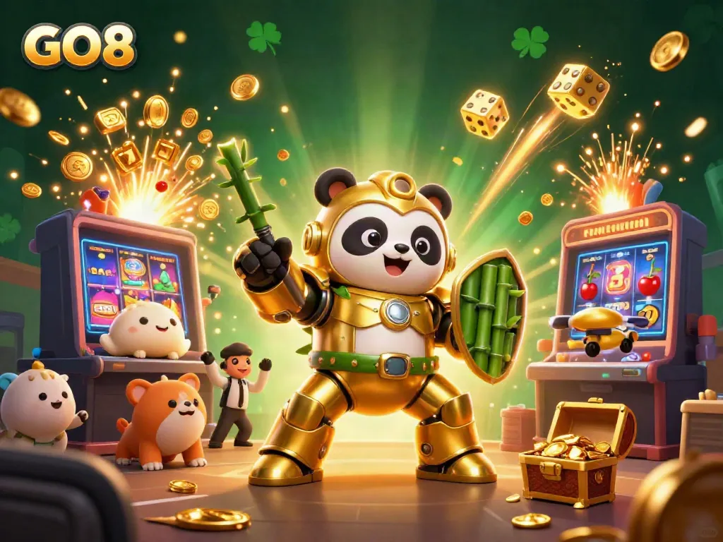 Experience GO8's thrilling jackpot with a dynamic scene featuring vibrant 3D casino elements.