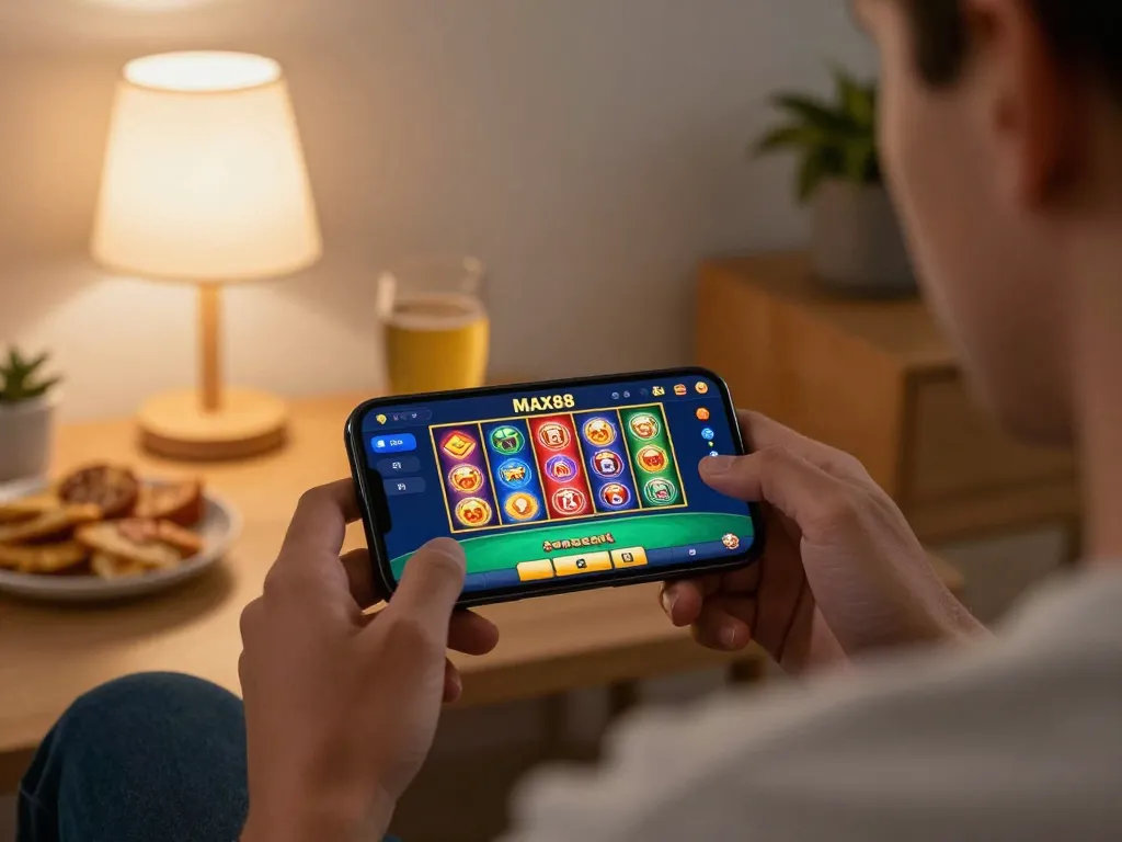 Engaged player enjoying the MAX88 casino app on smartphone, illustrating online gambling experience.