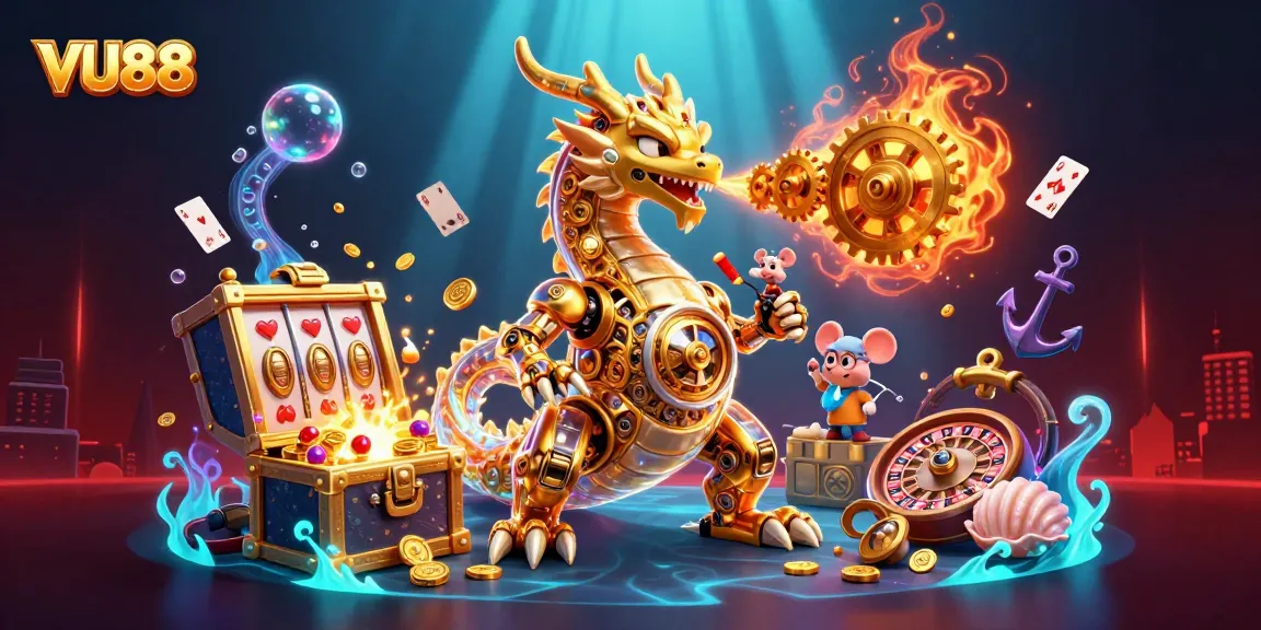 Win big at VU88 with our dynamic 3D casino illustration featuring exciting game elements.