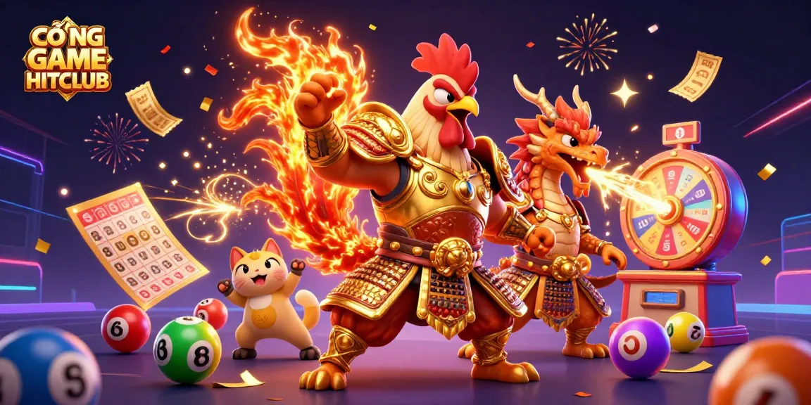 Engage with CỔNG GAME HITCLUB in a vibrant 3D illustration filled with dynamic lottery elements and celebratory effects.