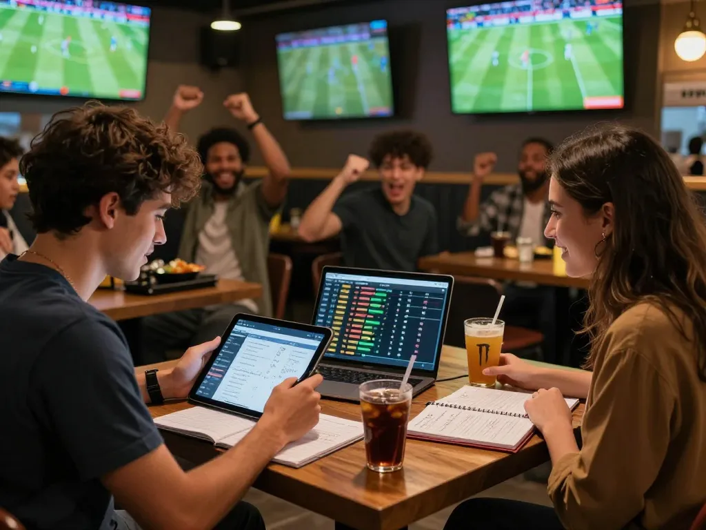 A lively sports betting scene featuring enthusiasts analyzing kèo nhà cái odds with laptops and tablets, surrounded by screens showing live football matches.