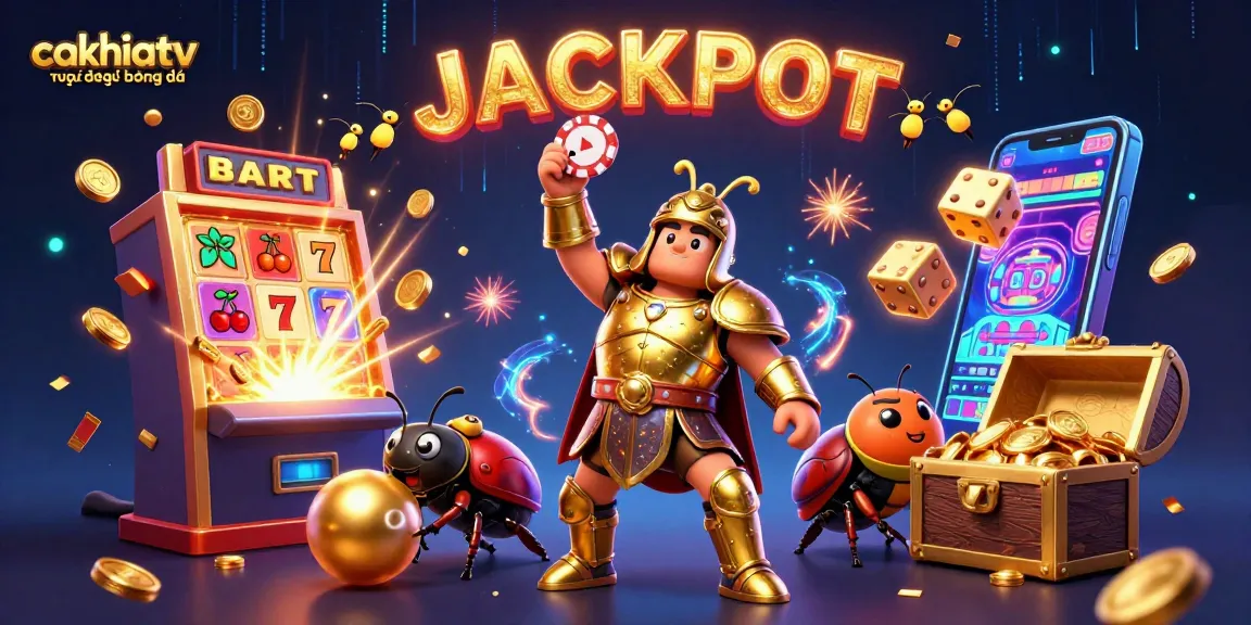 CakhiaTV trực tiếp bóng đá scene with victorious hercules beetle lifting poker chip, jackpot elements