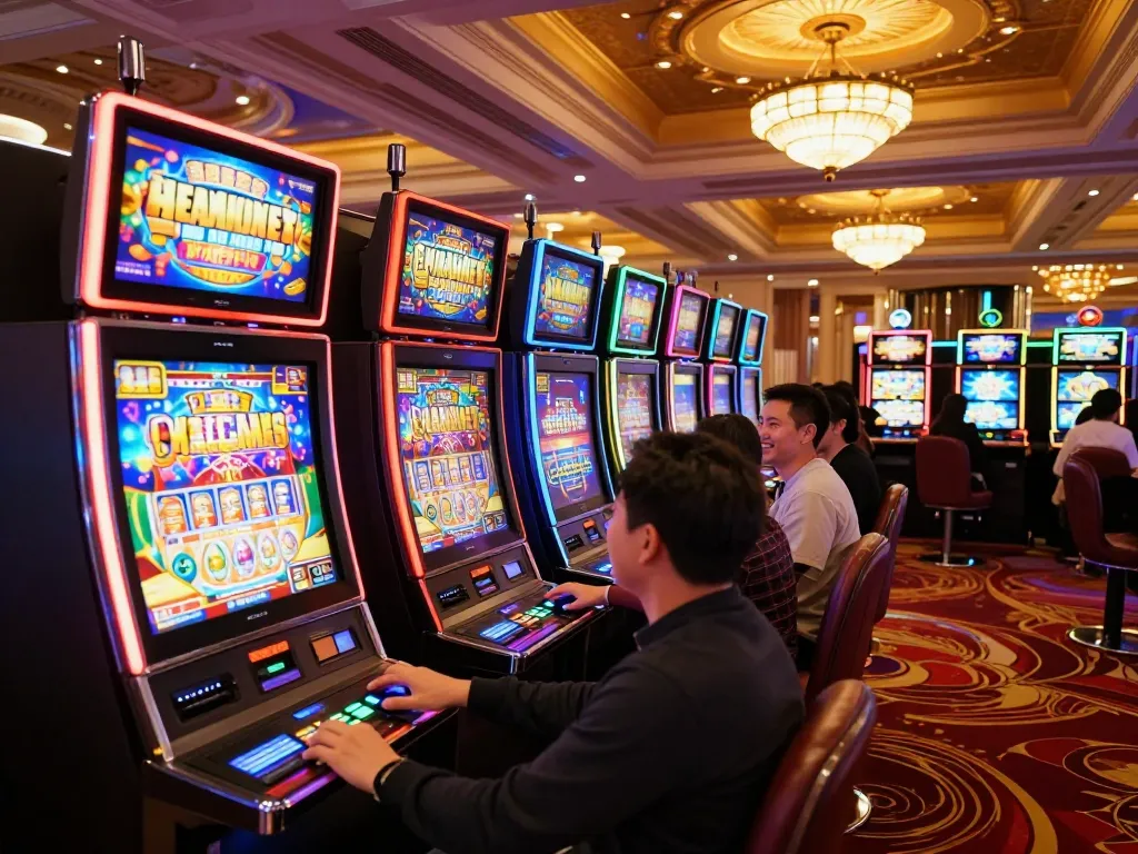 Players engaging with vibrant slot machines at 33WIN casino, showcasing excitement and dynamic gameplay.