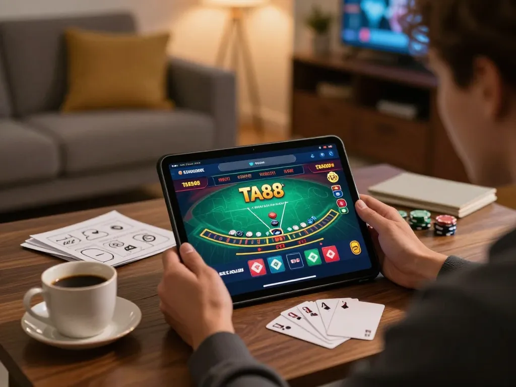 Player using TA88 app for online blackjack in a cozy living room setting.