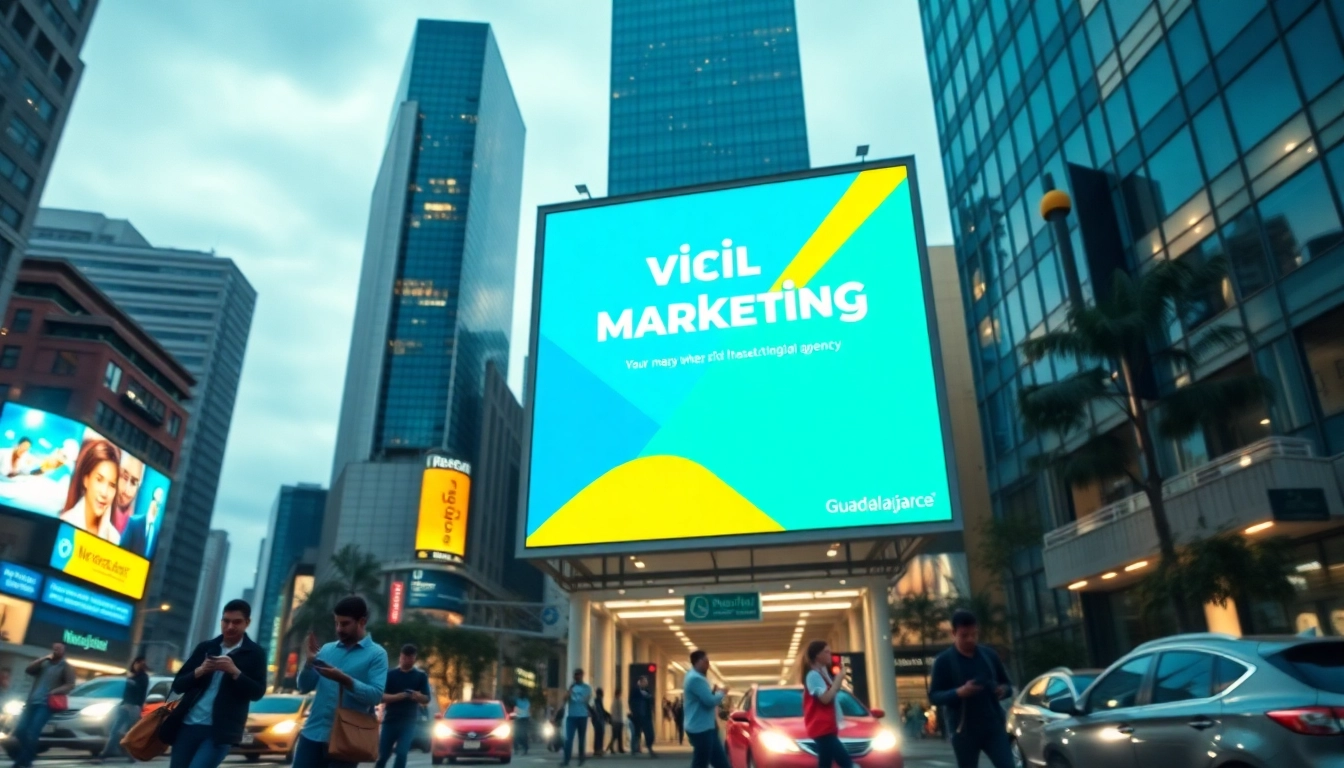 Un anuncio exterior impactante que muestra los servicios de marketing digital de la agencia en Guadalajara, capturando la vitalidad urbana y el compromiso.