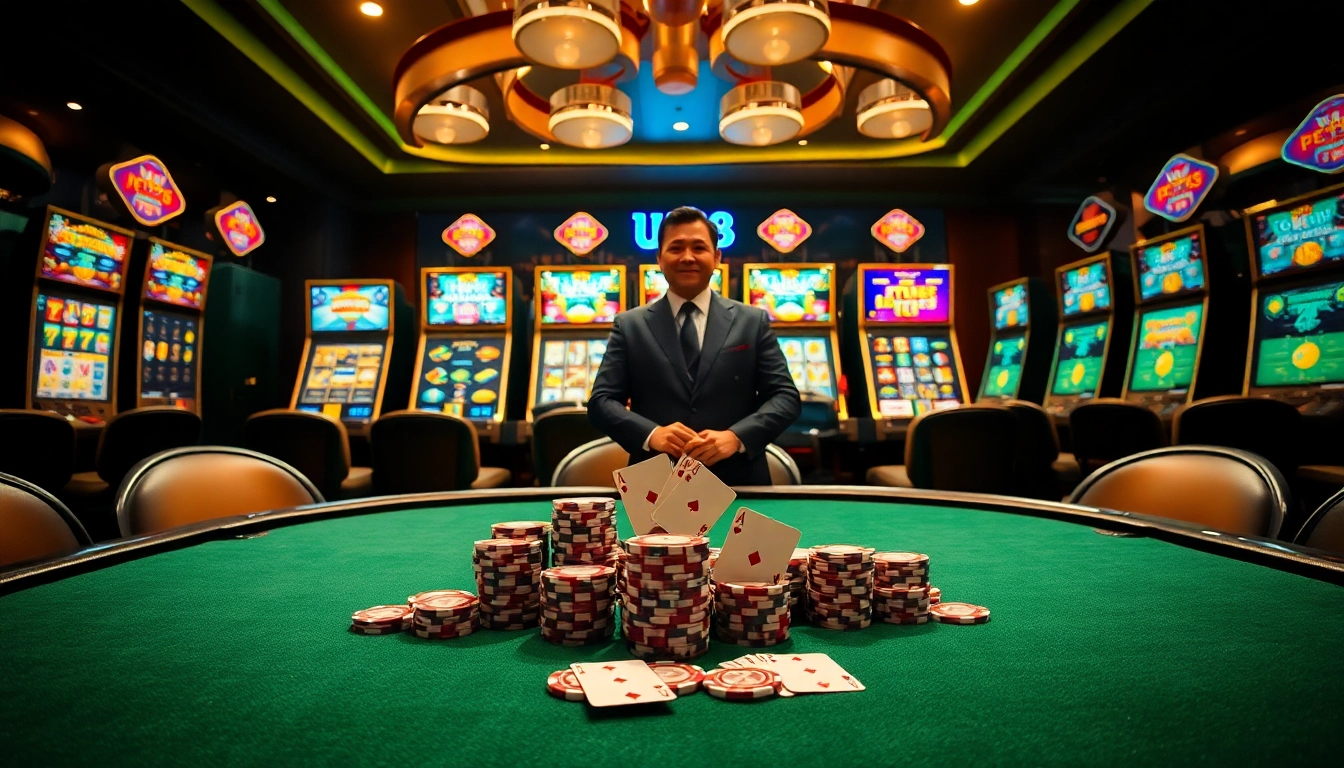 Experience the thrill of U888 with a vibrant casino scene featuring poker tables and slot machines.