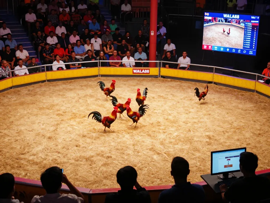 WALA88 đá gà captures a live cockfighting match, showing dynamic action and engaging atmosphere