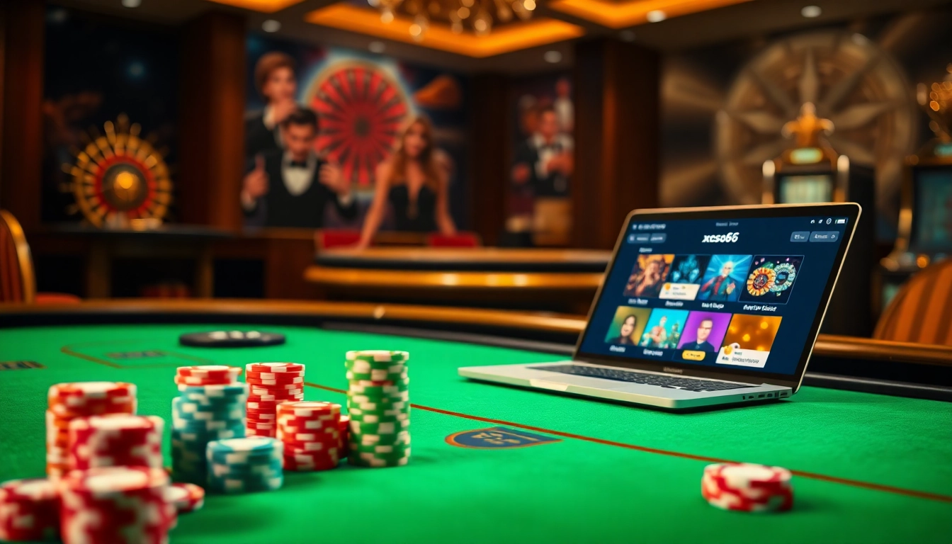 Xoso66 online casino interface displaying vibrant poker chips on a stylish table.