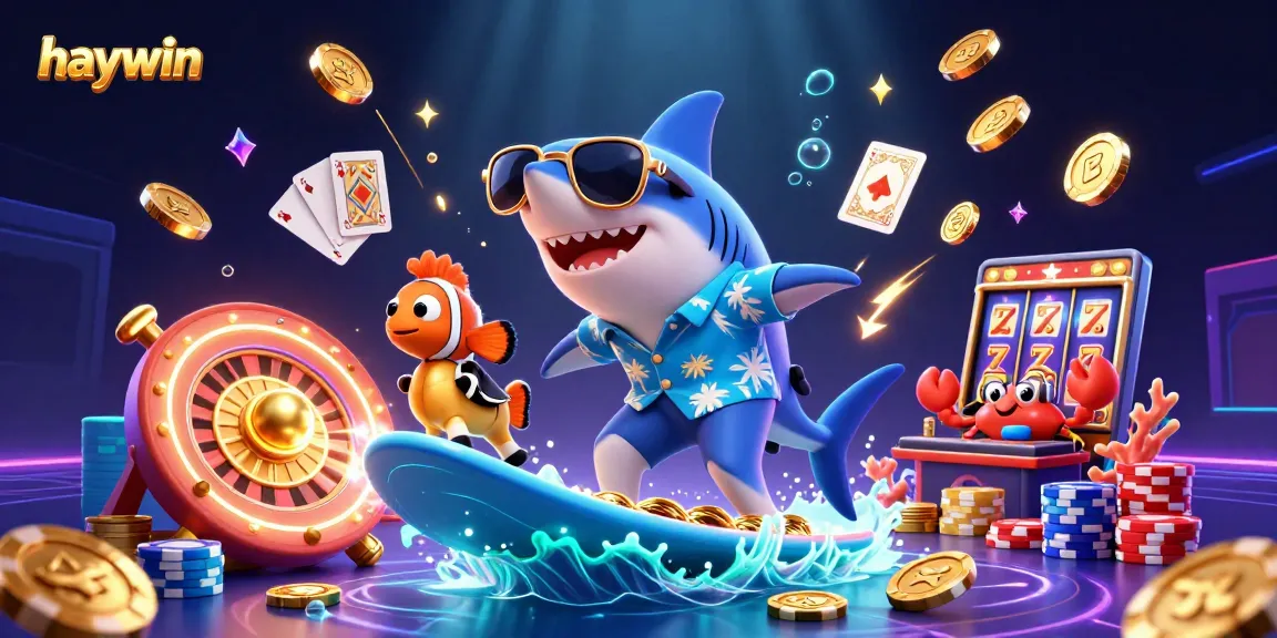 Experience thrilling gameplay at haywin, as a hammer-head shark surfs on a gold coin wave with vibrant casino elements.