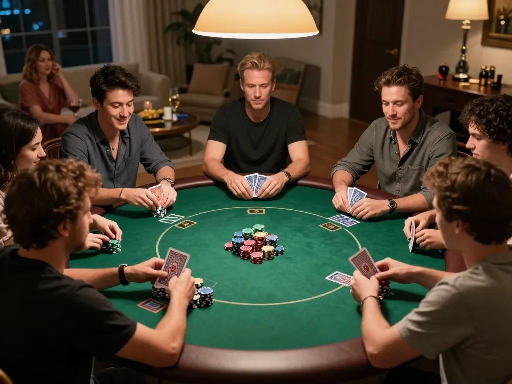 Friends playing poker at home showcasing strategic gameplay on https://nhatvip.meme/.