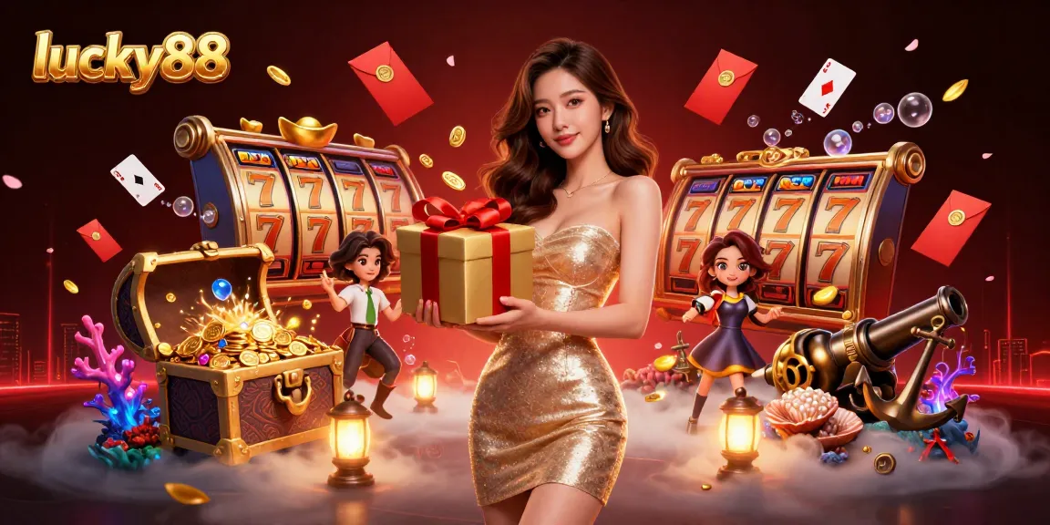 Experience thrilling wins at lucky88 with a festive casino illustration showcasing vibrant game elements and promotions.
