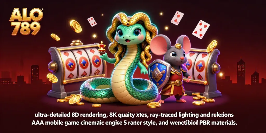 Experience thrilling gaming with ALO 789 in this vibrant 3D casino scene featuring Medusa and a warrior.