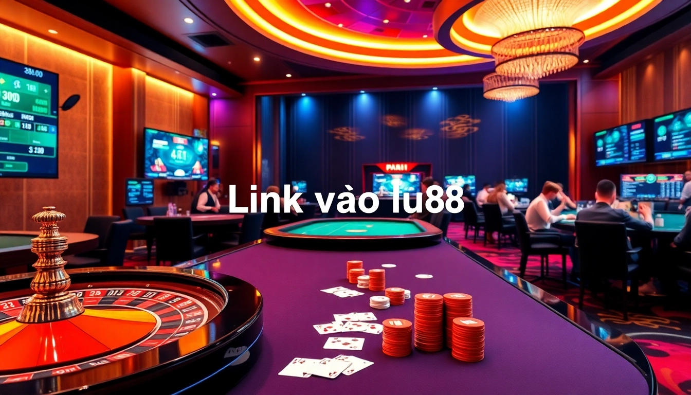 Link vào lu88 depicted in a vibrant casino scene with poker chips, cards, and roulette tables.