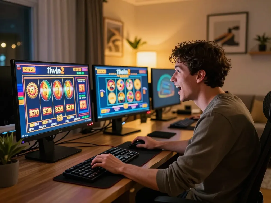 Player enjoying engaging online slot games on 11win2 in a cozy home office atmosphere