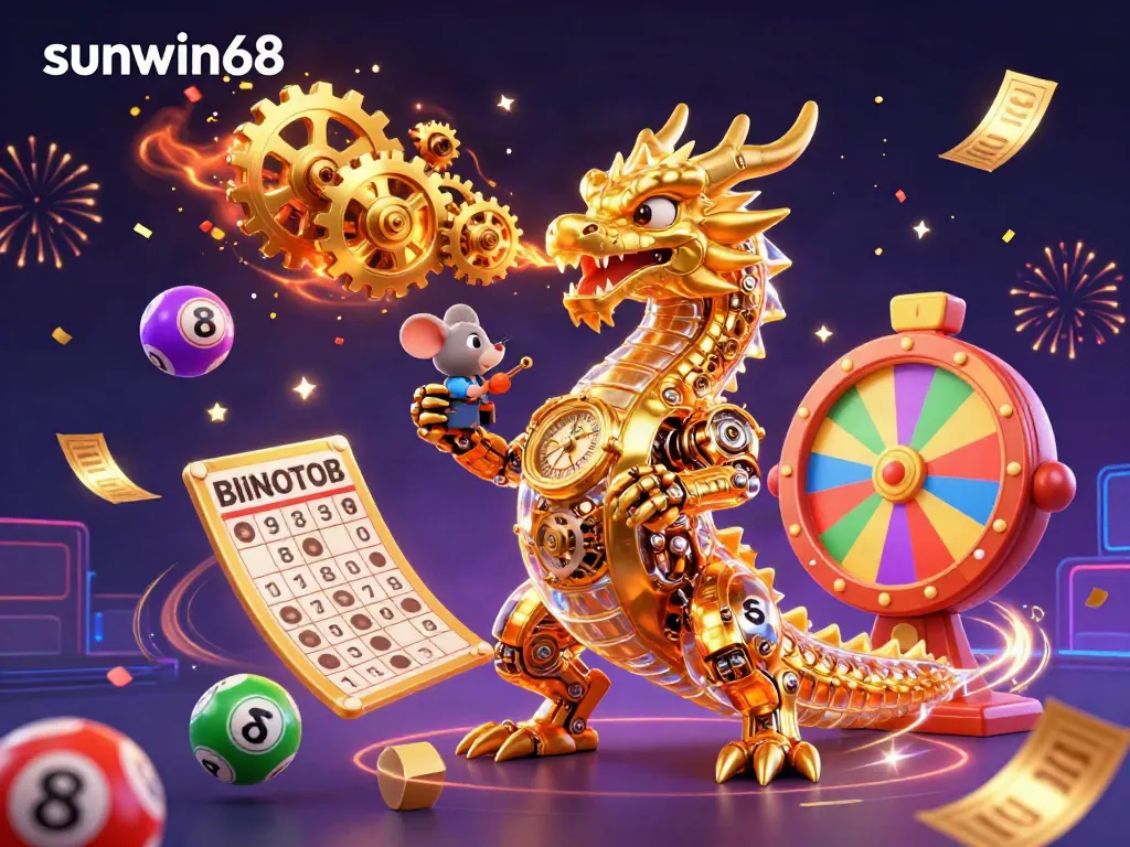 Engage with the thrilling world of sunwin68 casino illustrated by a dynamic scene of games and celebration elements.