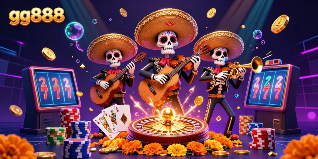 Experience winning moments in the vibrant gg888 casino scene with dynamic gaming elements and mariachis.