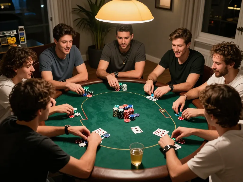 Friends enjoying poker night at home with loto188 poker chips and exciting gameplay.