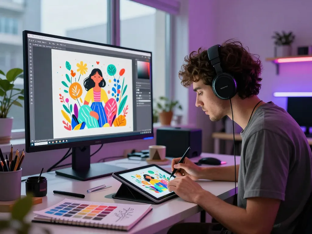 Creating dynamic digital illustrations with ai nsfw themes in a vibrant studio.