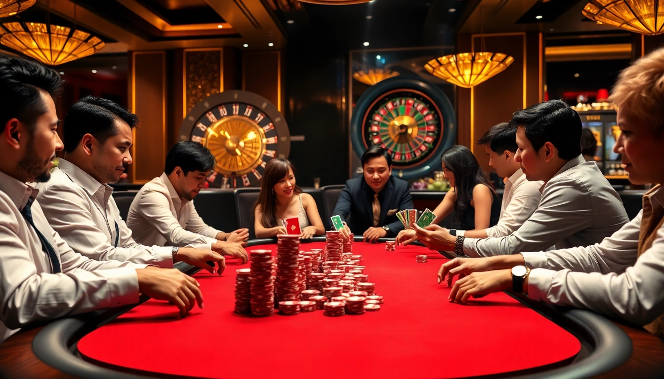 Players enjoying a thrilling game bài at a sophisticated casino table with chips and cards.