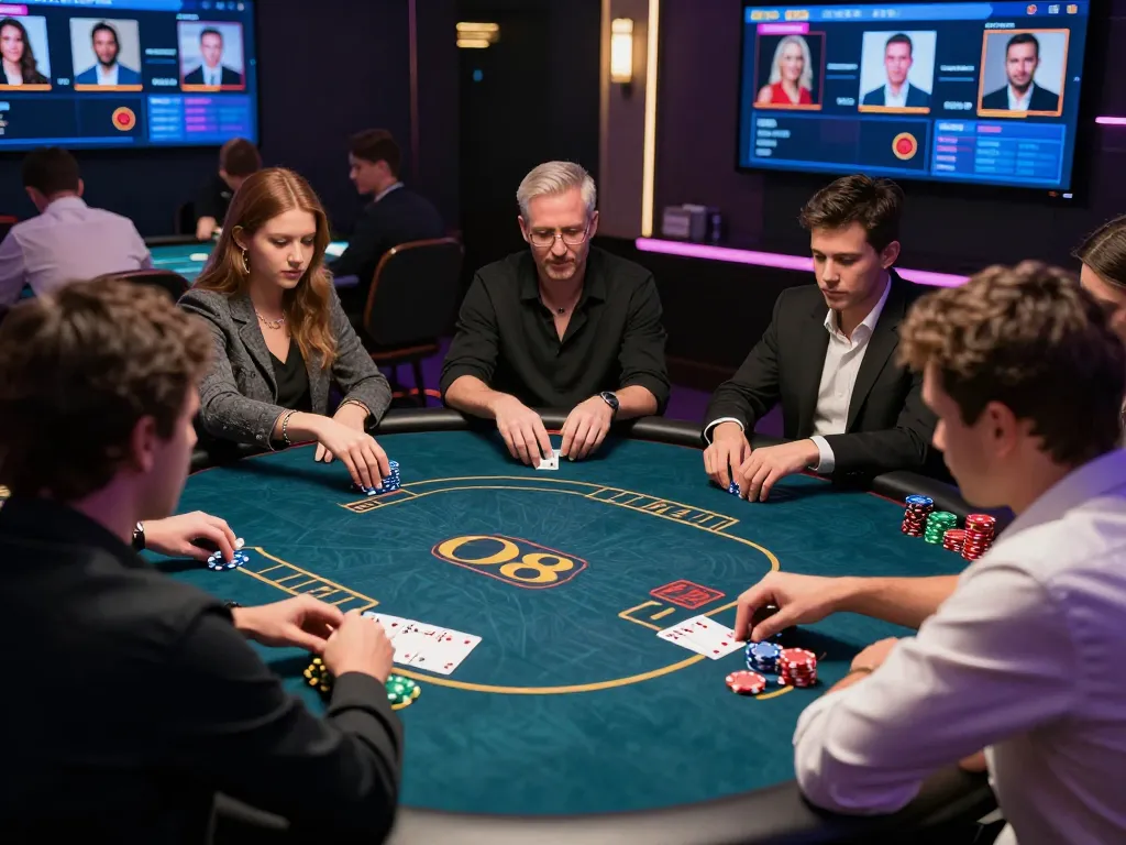 Engaging gameplay at O8 online casino with players placing bets at a vibrant poker table.