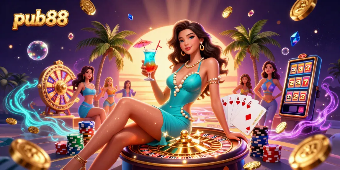 Experience excitement at pub88 with stunning casino visuals featuring glamorous Asian woman and vibrant game elements.