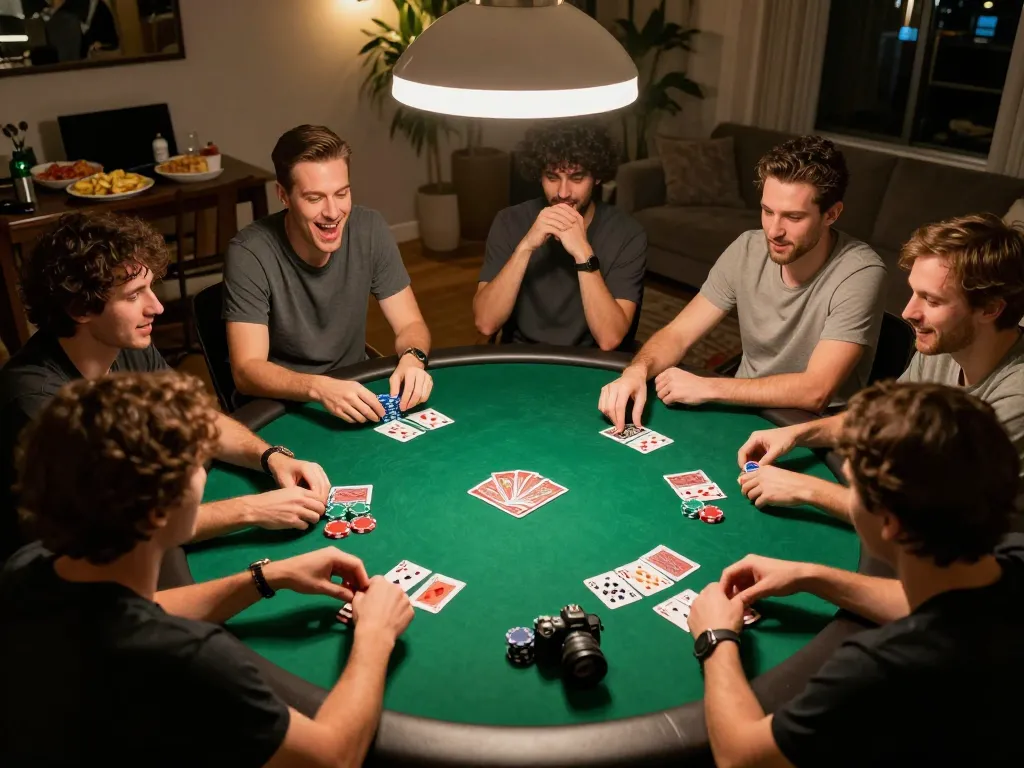 Ko66 players engaging in lively poker game with vibrant chips and cards on home table.