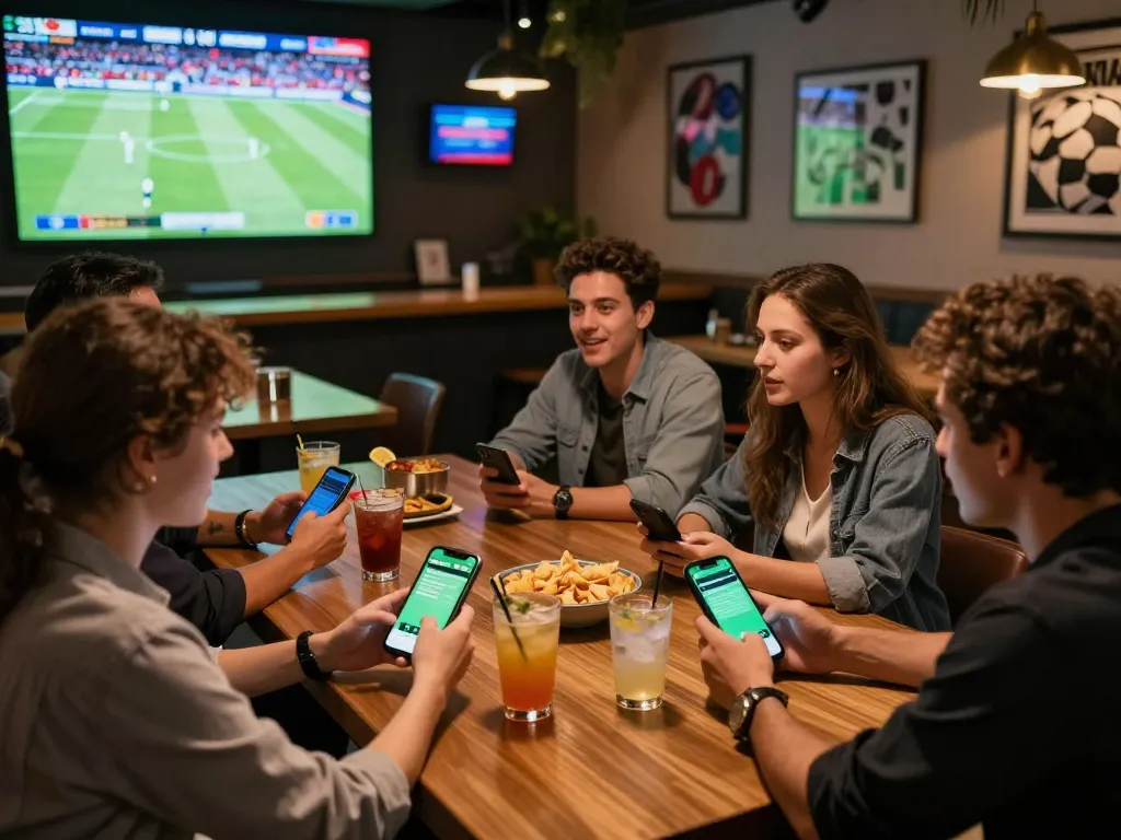 Friends engaging in sports betting using the cm88 app during a live match, creating an exciting gambling atmosphere.