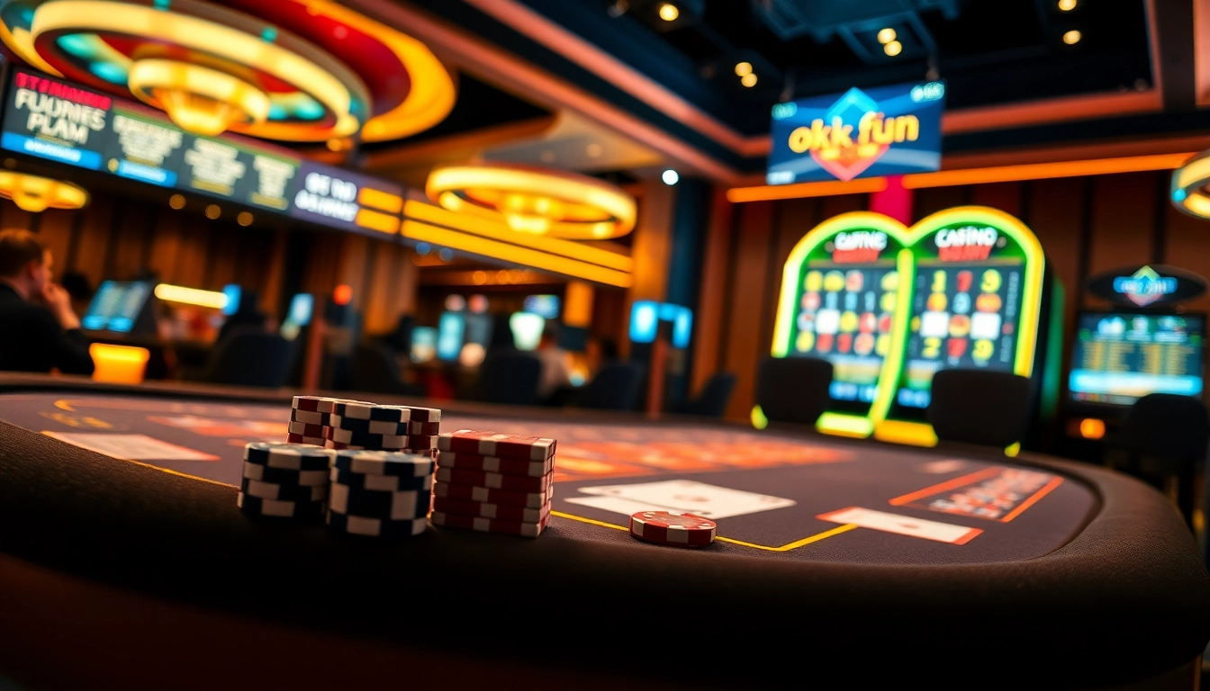Engaging scene of nhà cái okfun, showcasing players enjoying exciting casino games in a luxurious setting.
