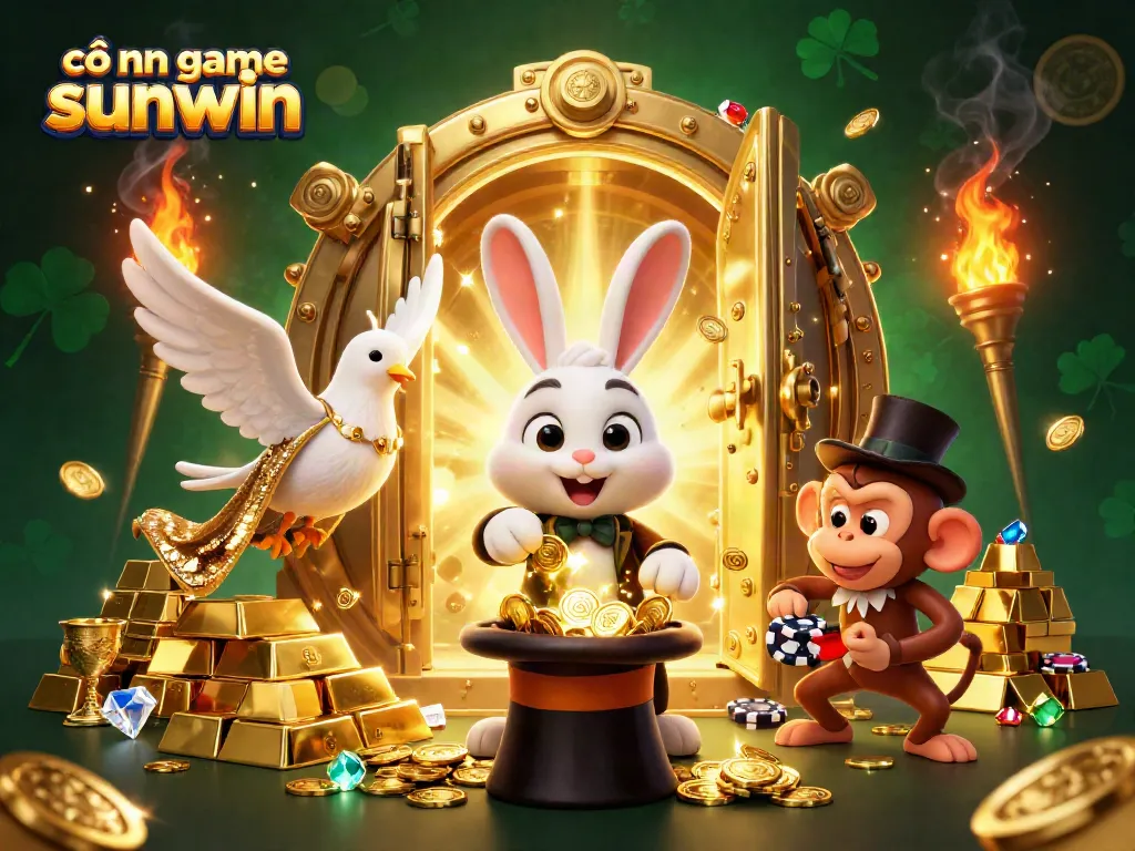 Experience the excitement at cổng game sunwin with a vibrant scene of a magician rabbit, a dove, and a monkey amidst treasures and casino elements.