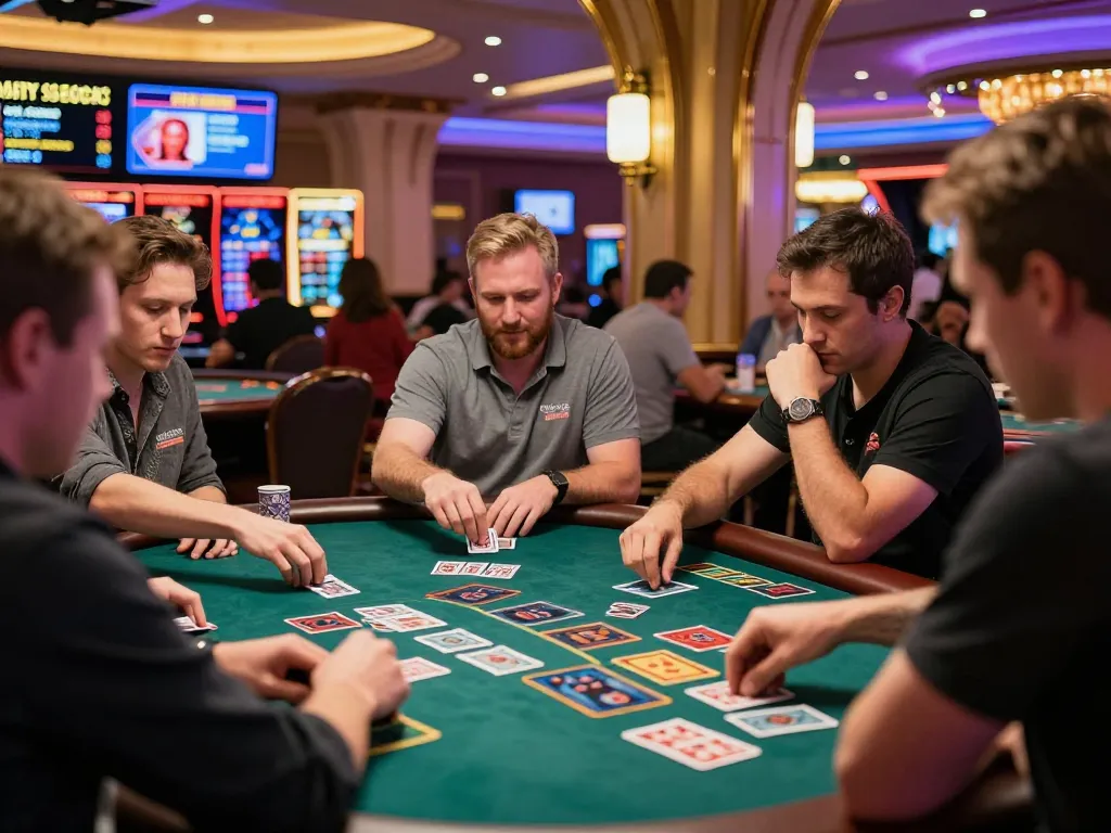 Players strategizing at a blackjack table in a vibrant Vegas casino, showcasing yo88i's thrilling gaming experience.