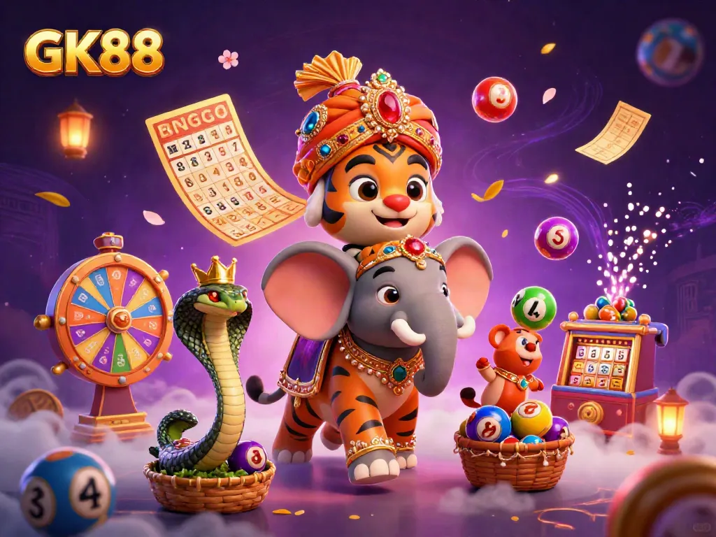 Experience thrilling gaming at GK88 with a vibrant scene of a maharaja, elephant, and dynamic lottery elements.