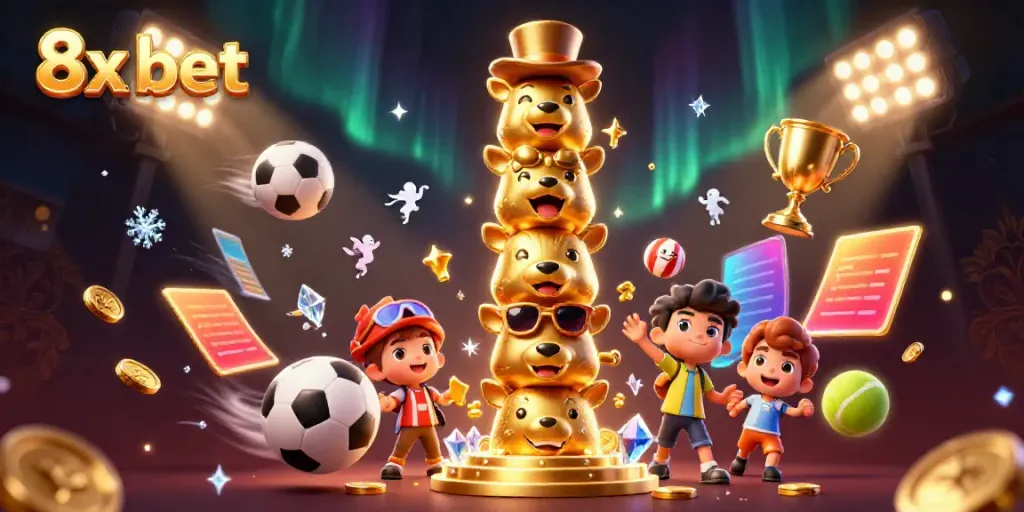Join the fun and excitement of 8x bet with this vibrant casino-themed illustration featuring dynamic sports elements.