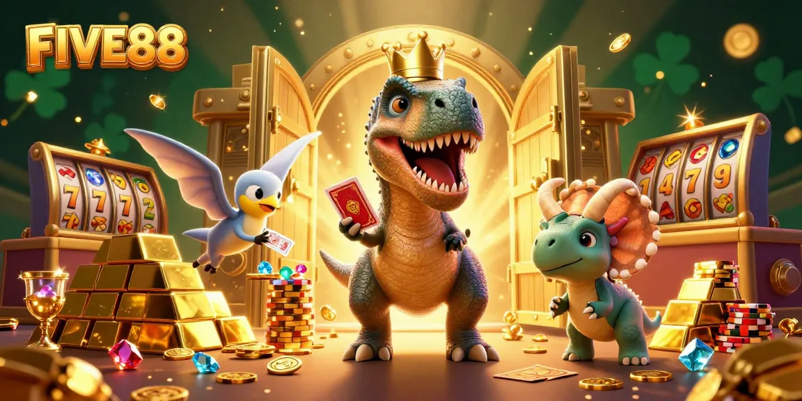 Experience exciting FIVE88 casino action with playful dinosaurs engaging in card games and stacking chips.