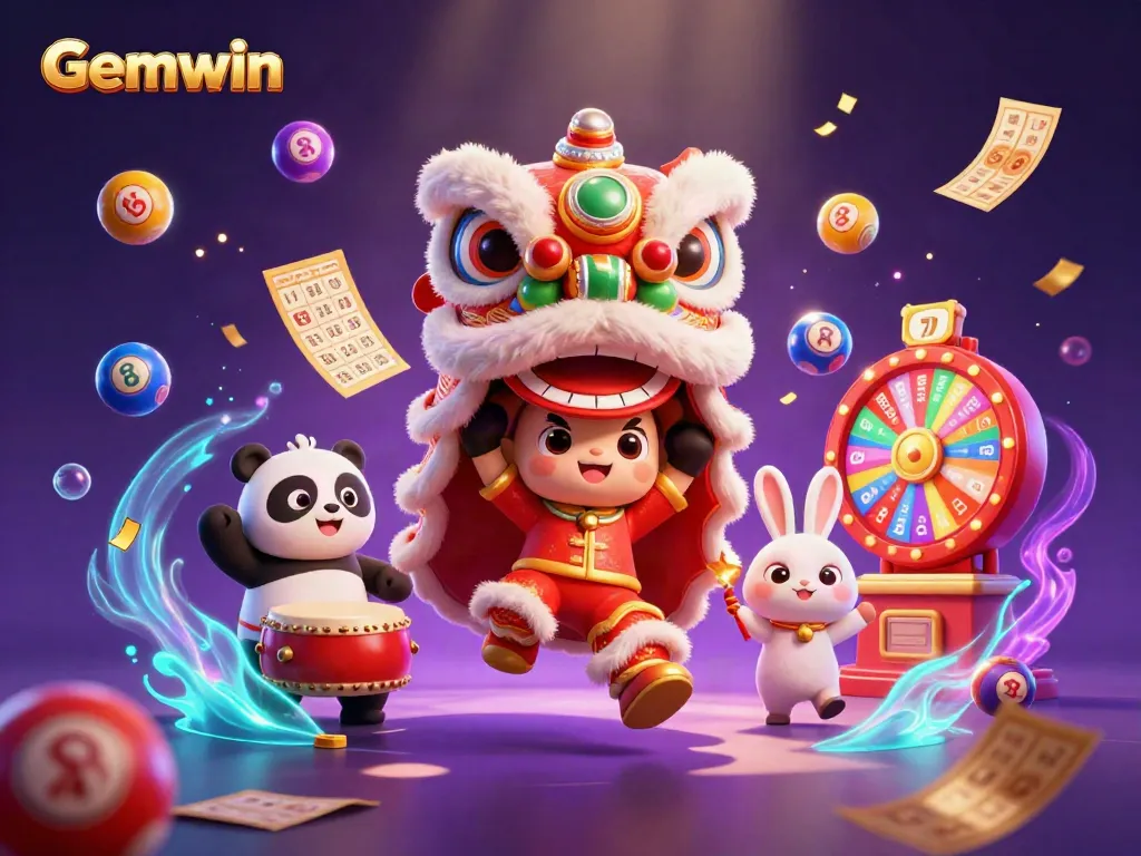 Experience the excitement of Gemwin with festive characters amid vibrant lottery and casino elements.