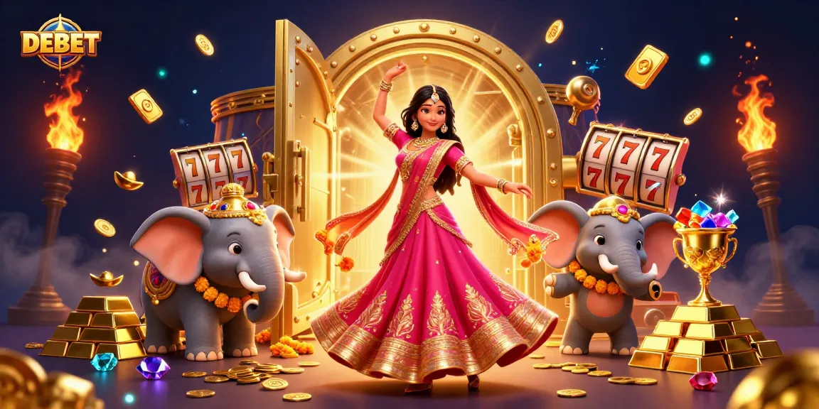 DEBET slot machine celebrations with vibrant characters and glittering riches in a dynamic casino scene.
