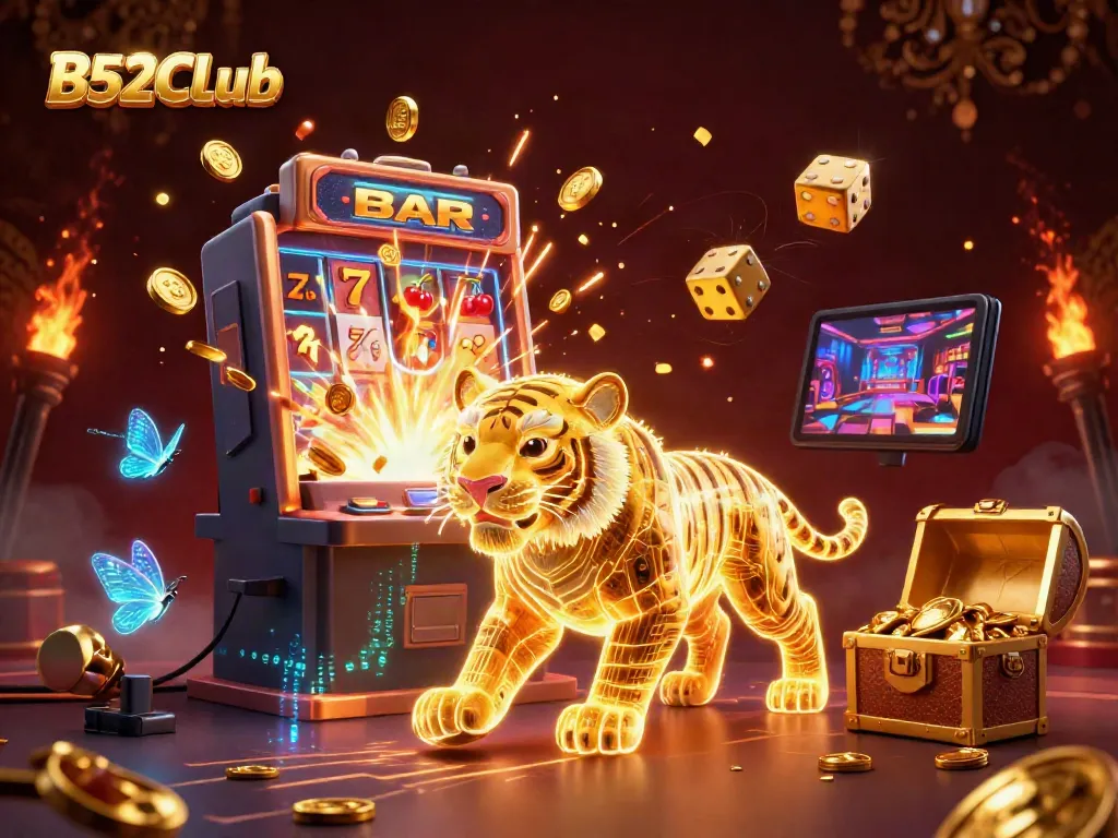 Experience the thrill of B52CLub with vibrant casino elements and an energetic tiger in a digital landscape.